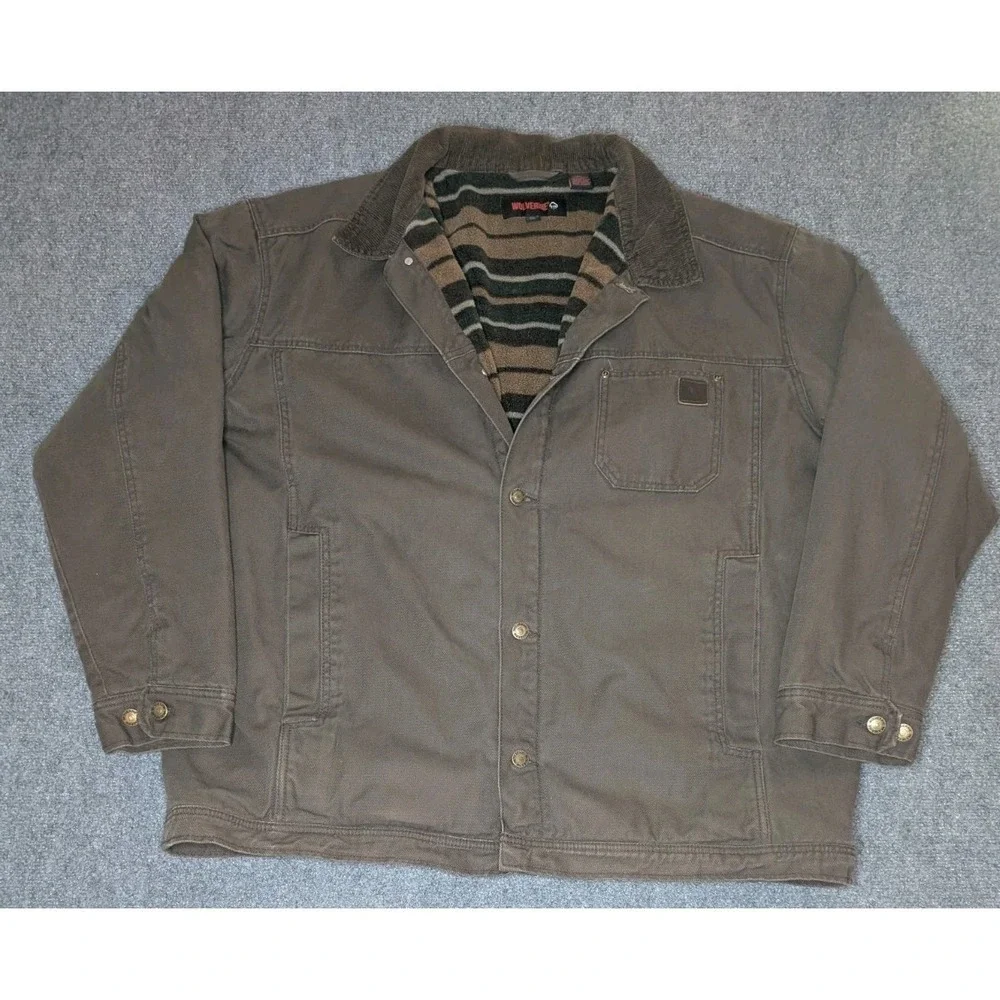 Wolverine Mens Size XXL Brown Canvas Duck Jacket Fleece Lined Torso Quilted Arms